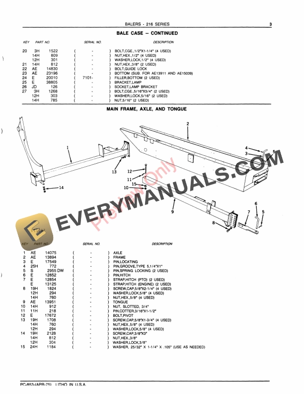 John Deere 216T and 216WS Balers Parts Catalog PC853 01APR75