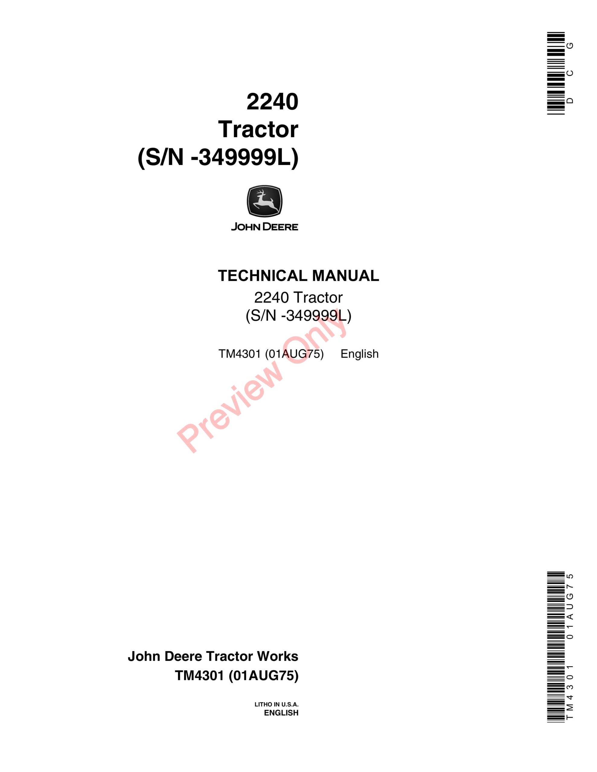 John Deere 2240 Utility Tractor Technical Manual TM4301 01AUG75-1