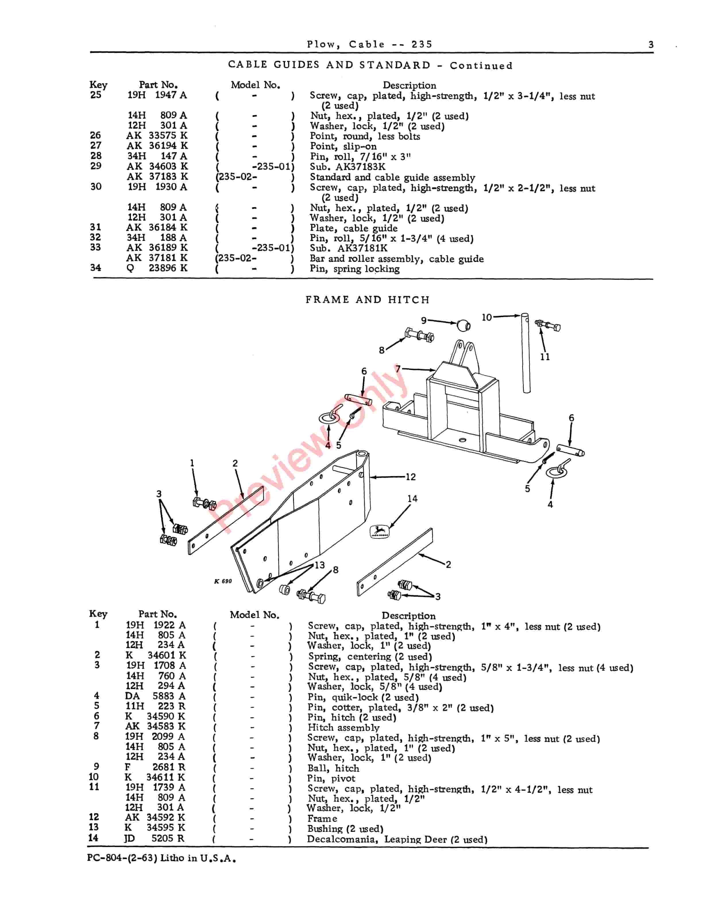 John Deere 235 Cable Plow Parts Catalog PC804 01FEB63-5