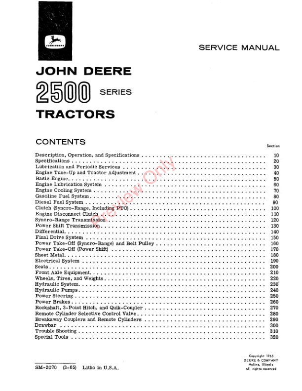 John Deere 2500 Series Tractors Service Manual SM2070 01DEC66 3