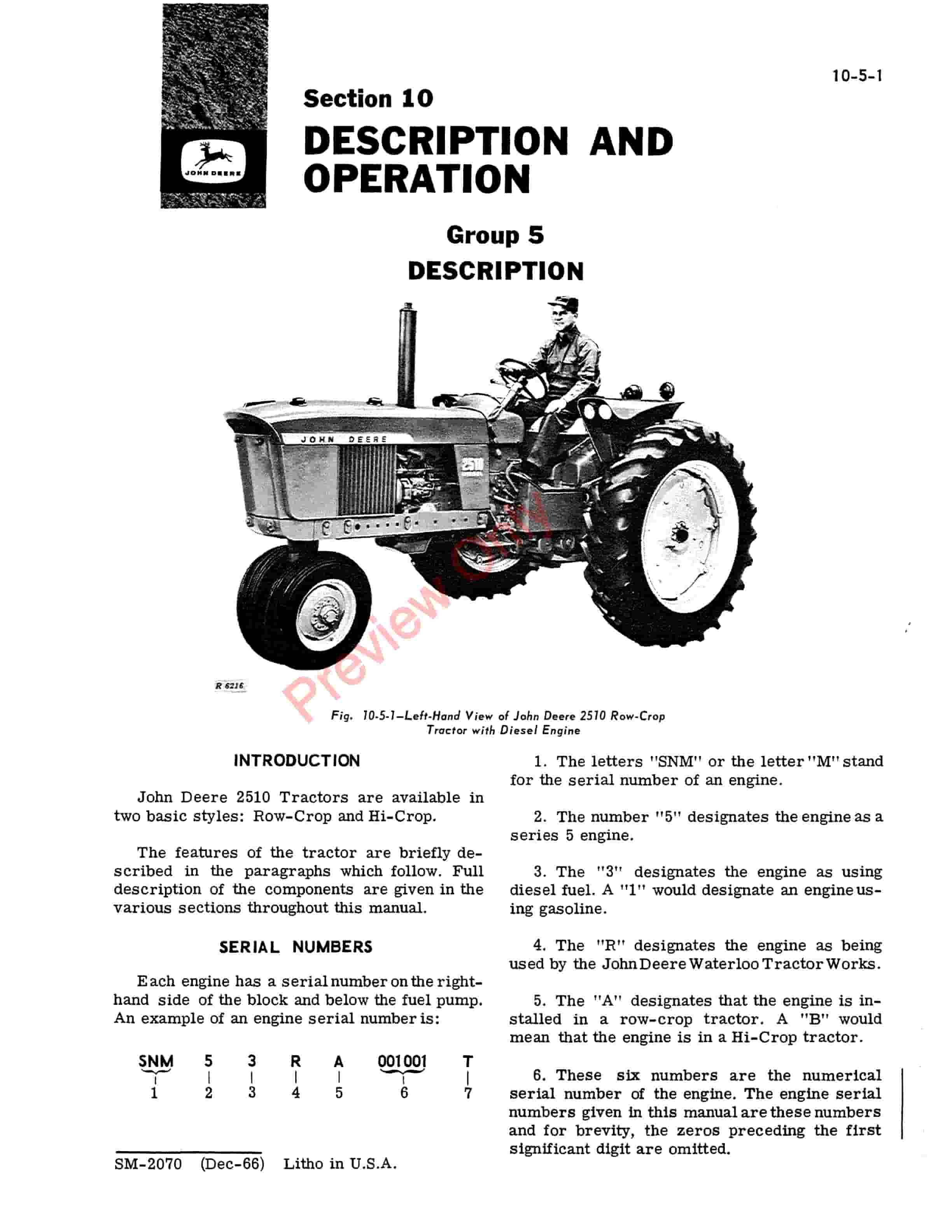 John Deere 2500 Series Tractors Service Manual SM2070 01DEC66 5