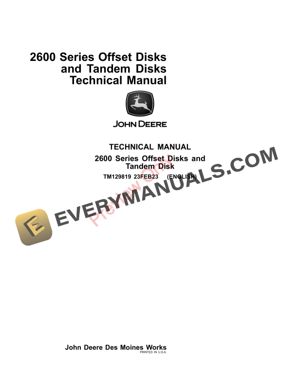 John Deere 2600 Series Offset Disks and Tandem Disks Technical Manual
