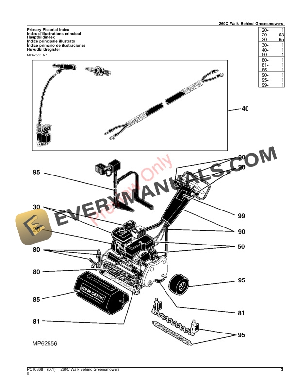 John Deere 260C WALKBEHIND GREENS MOWER Parts Catalog PC10368 18JUL23