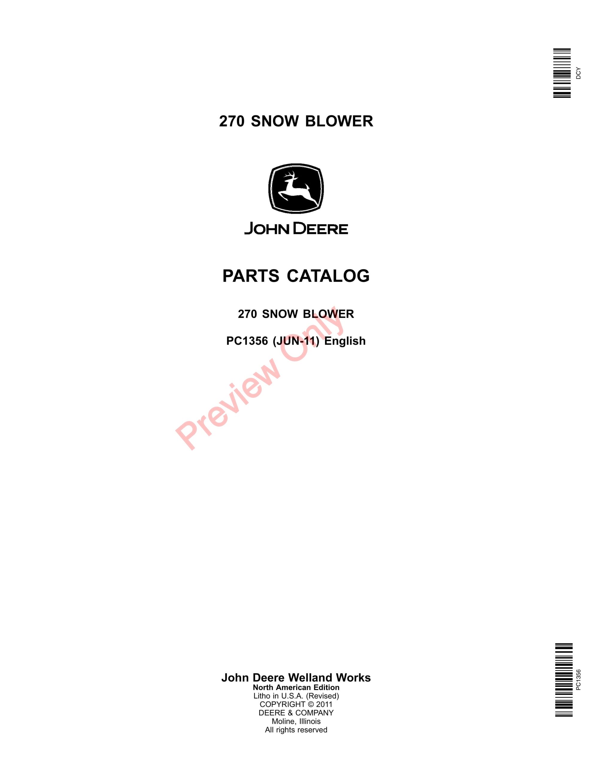 John Deere 270 Rotary Snow Blower Parts Catalog PC1356 01JUN11-1