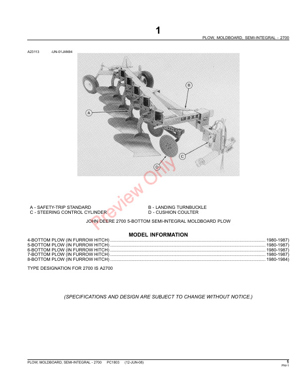 John Deere 2700 Semi-Integral Moldboard Plow Parts Catalog PC1803 31MAY11-3