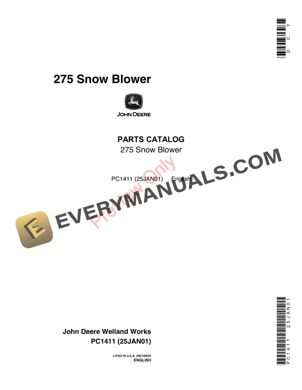 John Deere 275 Snow Blower Parts Catalog PC1411 02JUN11