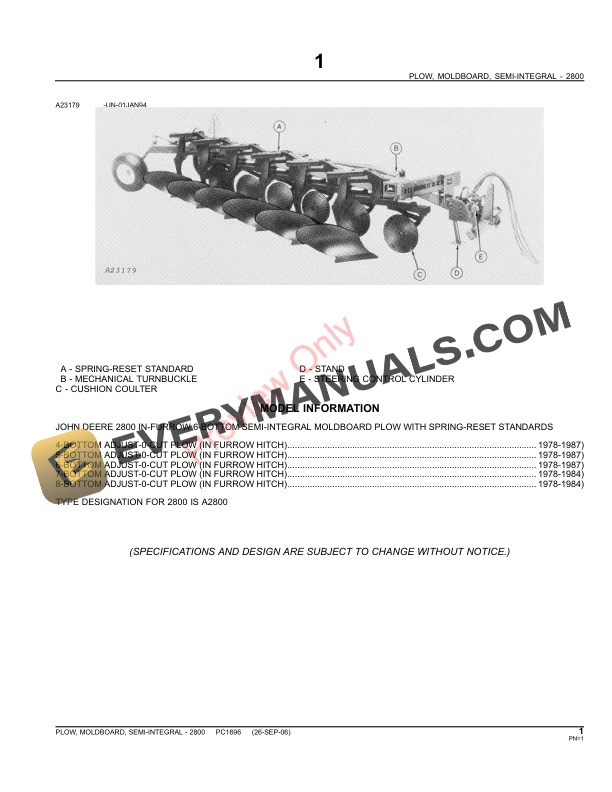 John Deere 2800 SemiIntegral Moldboard Plow Parts Catalog PC1696 31MAY11