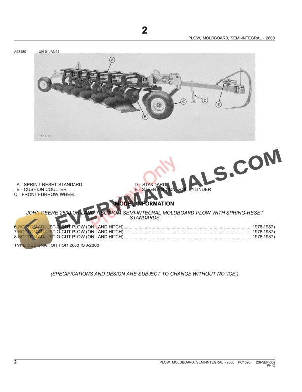 John Deere 2800 SemiIntegral Moldboard Plow Parts Catalog PC1696 31MAY11