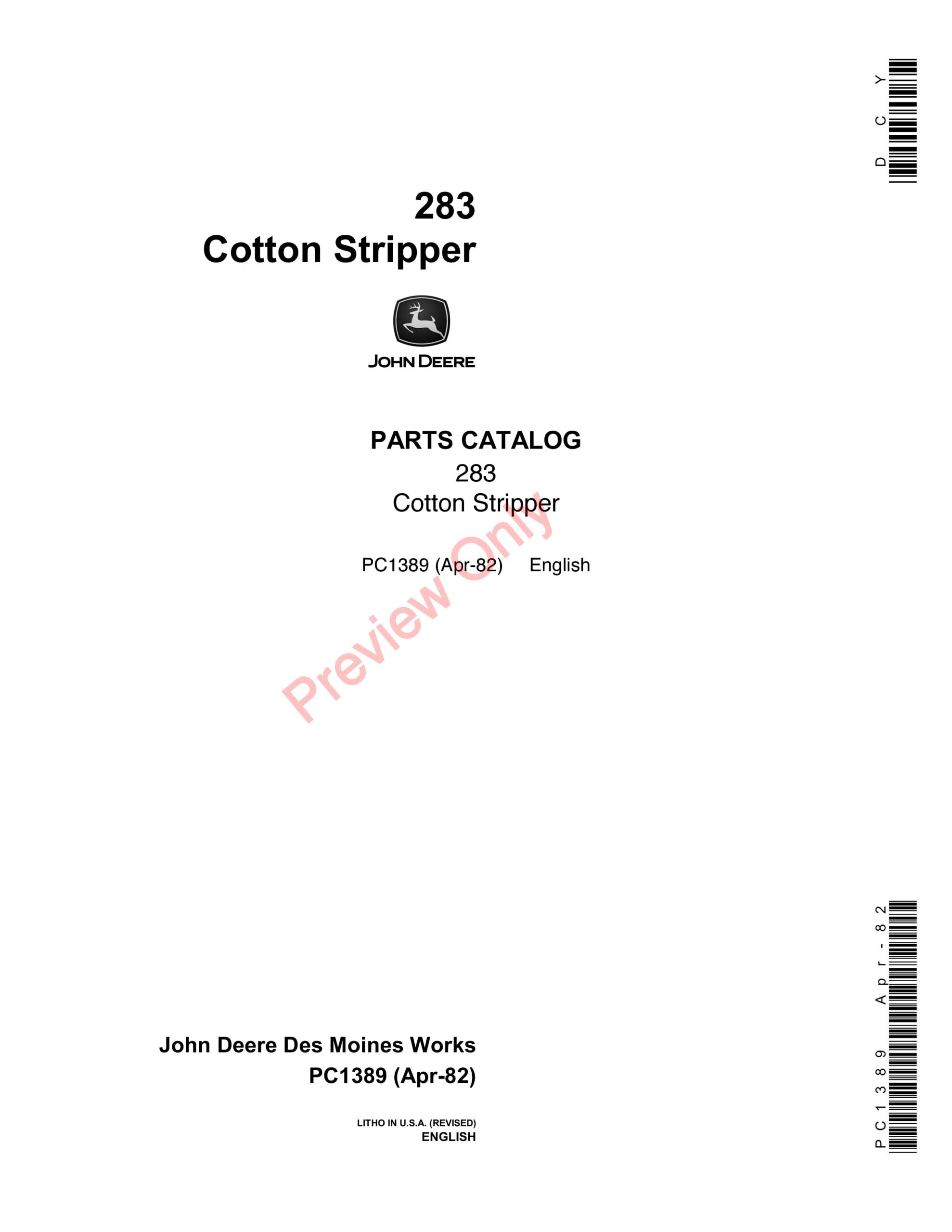 John Deere 283 Cotton Stripper Parts Catalog PC1389 13APR82-1