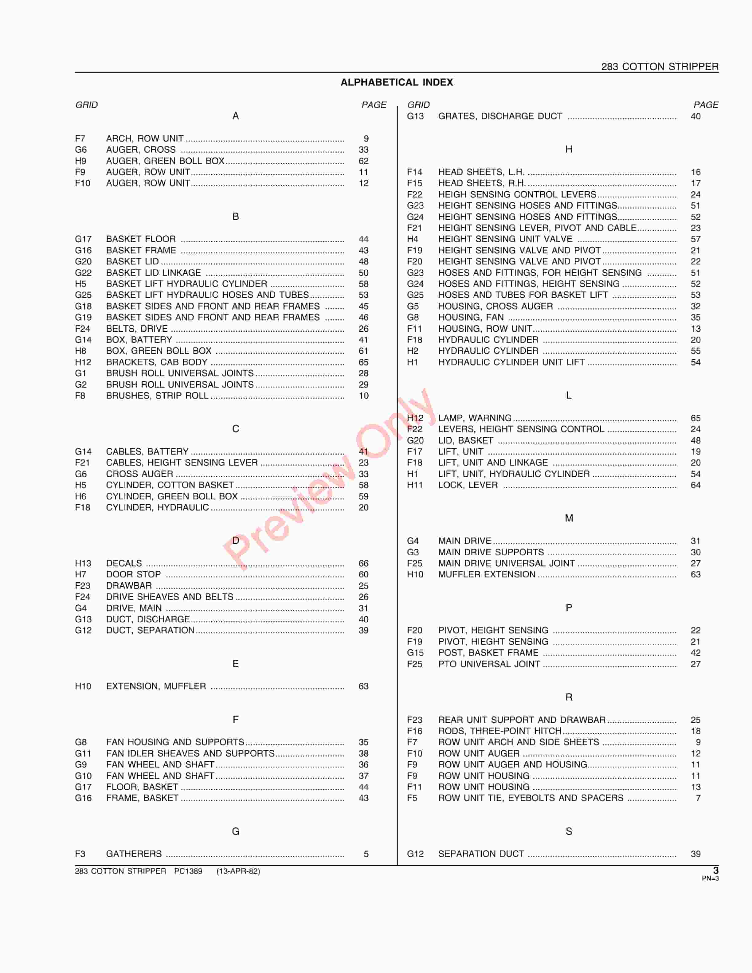 John Deere 283 Cotton Stripper Parts Catalog PC1389 13APR82-5