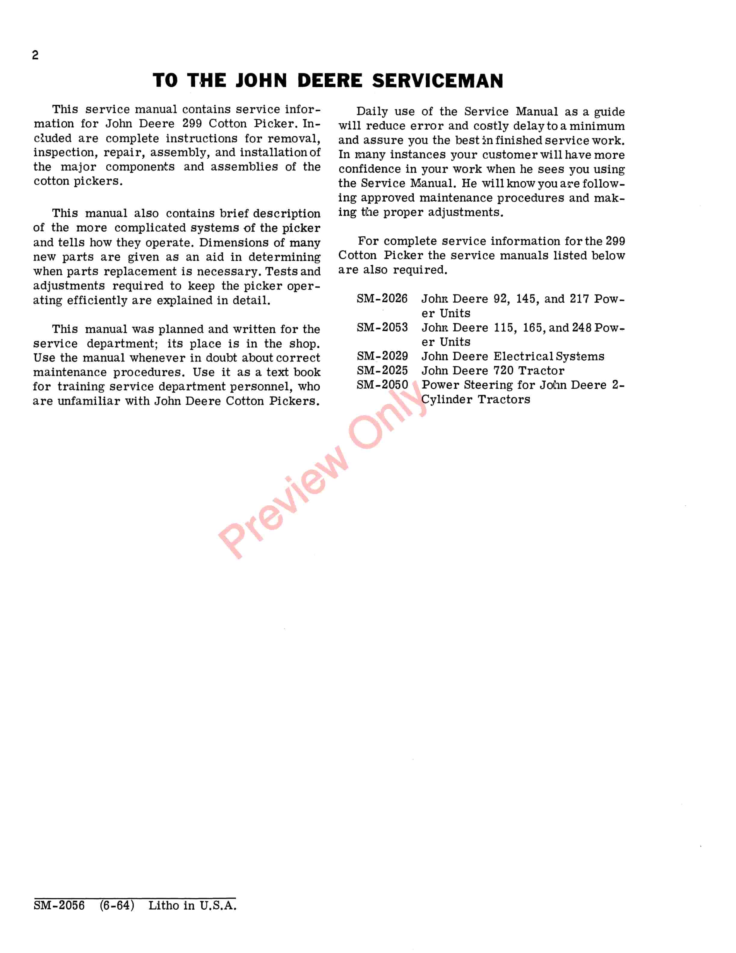 John Deere 299 Cotton Picker Service Manual SM2056 01APR66 4