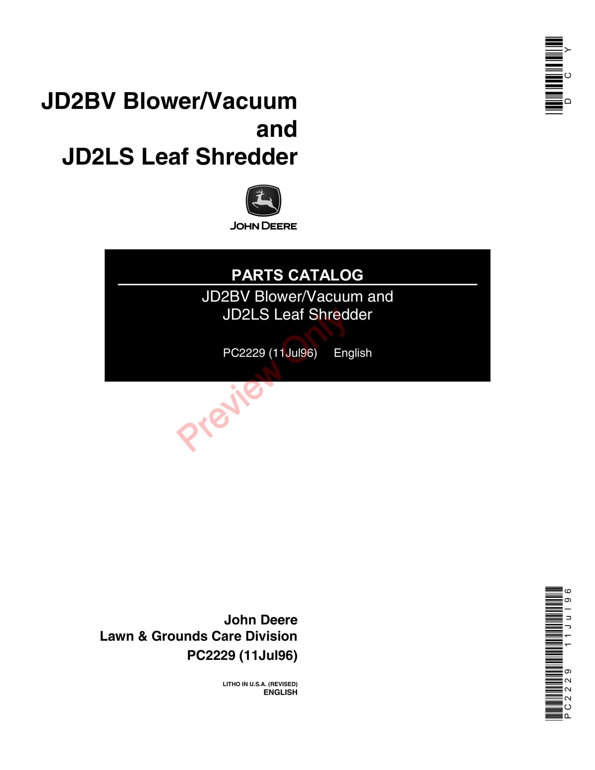 John Deere 2BV Vacuum Blower and 2LS Leaf Shredder Parts Catalog PC2229 11JUL96-1