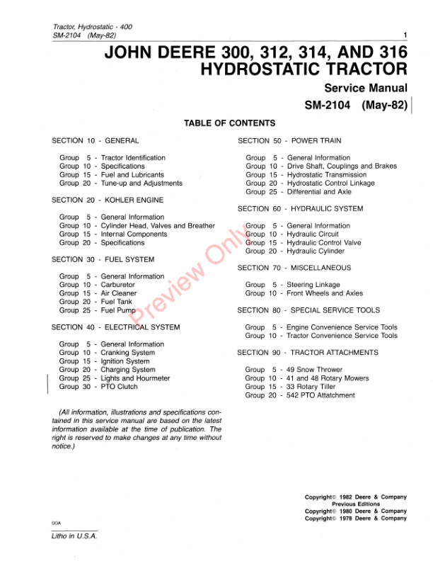 John Deere 300 312 314 And 316 Hydrostatic Lawn And Garden Tractors Service Manual SM2104 01MAY82 3