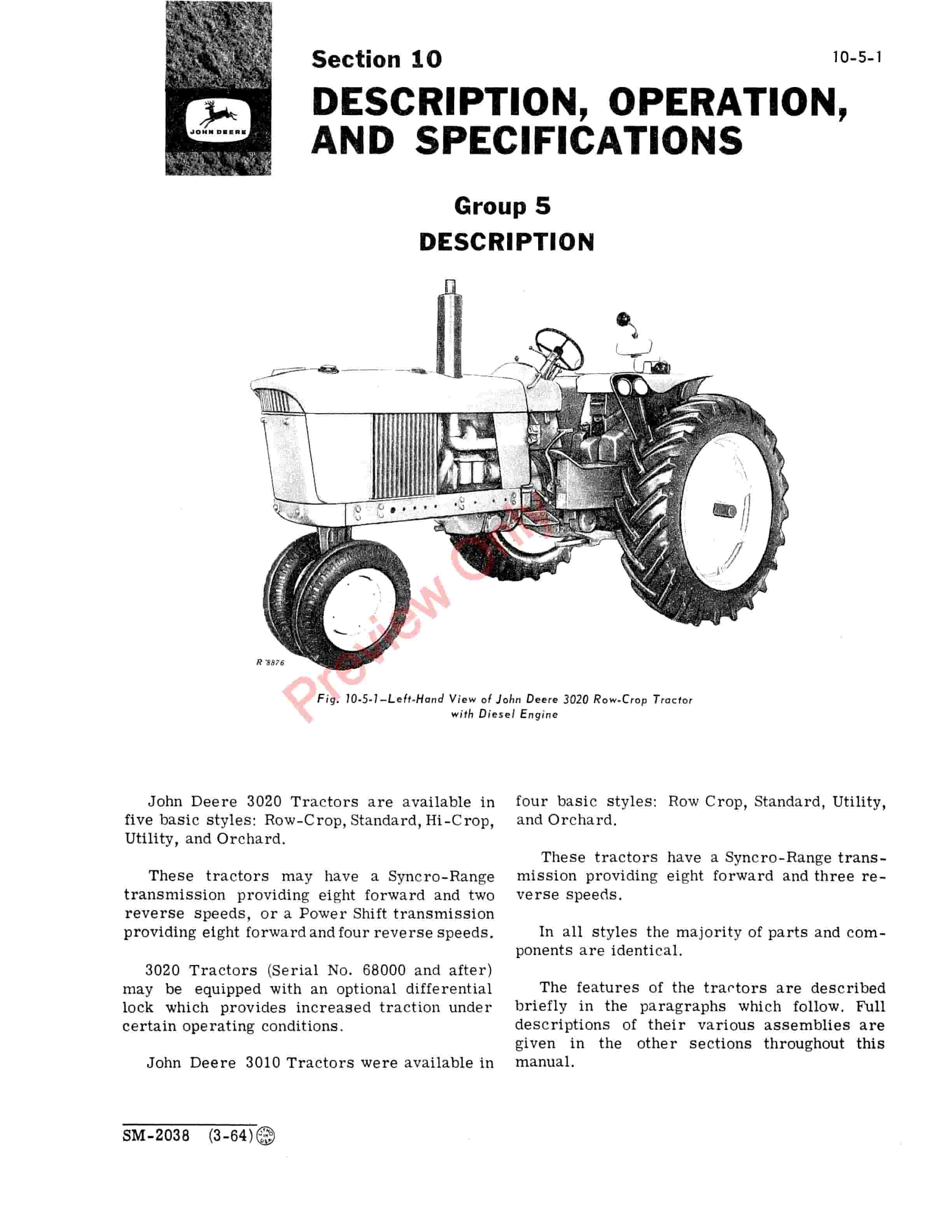 John Deere 3000 Series Tractors Service Manual SM2038 01MAR67 5