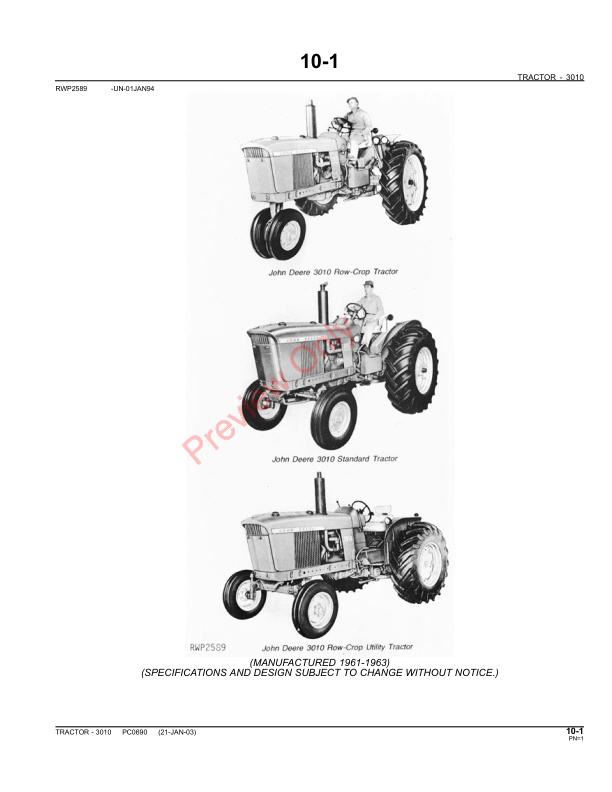 John Deere 3010 Grove And Orchard Row Crop Standard And Utility Tractors Parts Catalog PC0690 11MAY11 3