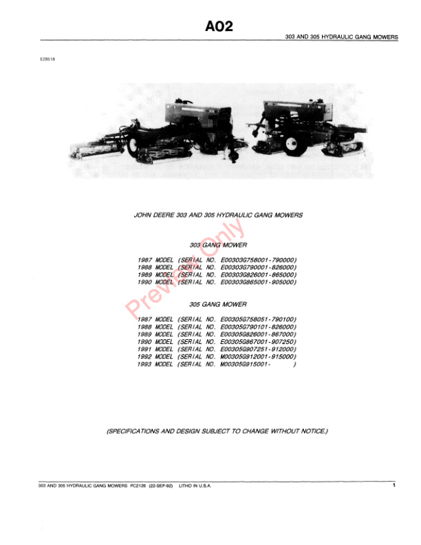 John Deere 303, 305 Hydraulic Gang Mower Parts Catalog PC2126 22SEP92-3