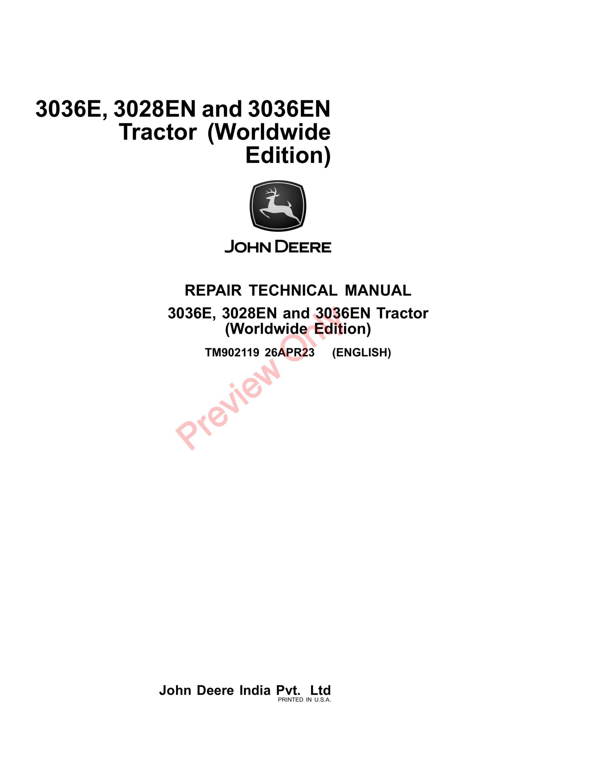 John Deere 3036E, 3028EN and 3036EN Tractor Repair Technical Manual TM902119 26APR23-1