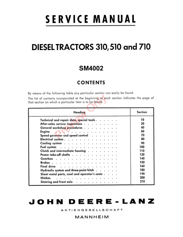 John Deere 310 510 710 Diesel Tractors Service Manual SM4002 01AUG64 3