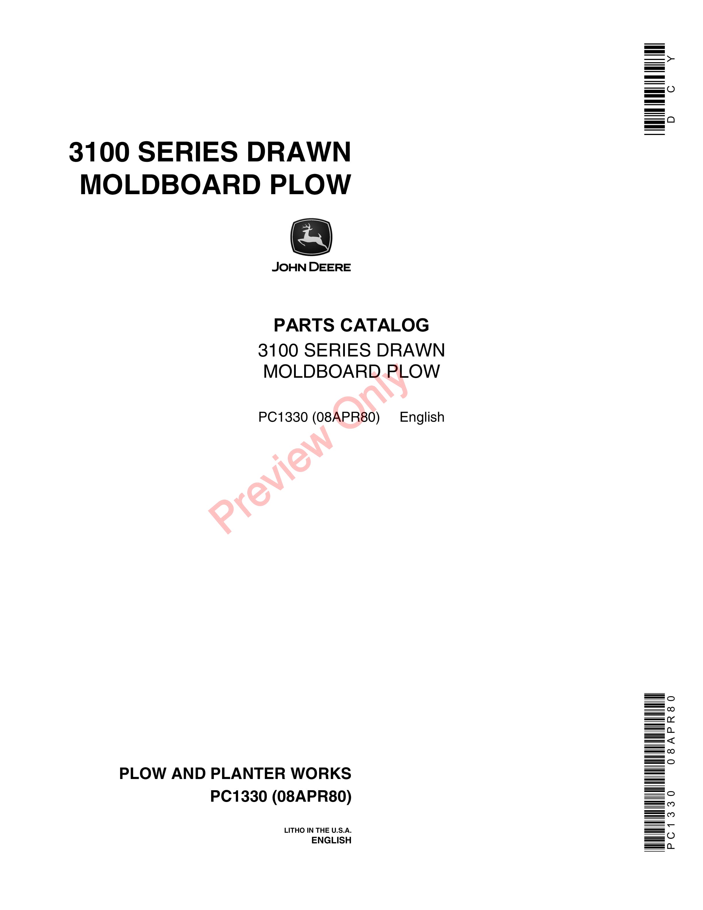 John Deere 3100 Series Drawn Moldboard Plow Parts Catalog PC1330 08APR80-1