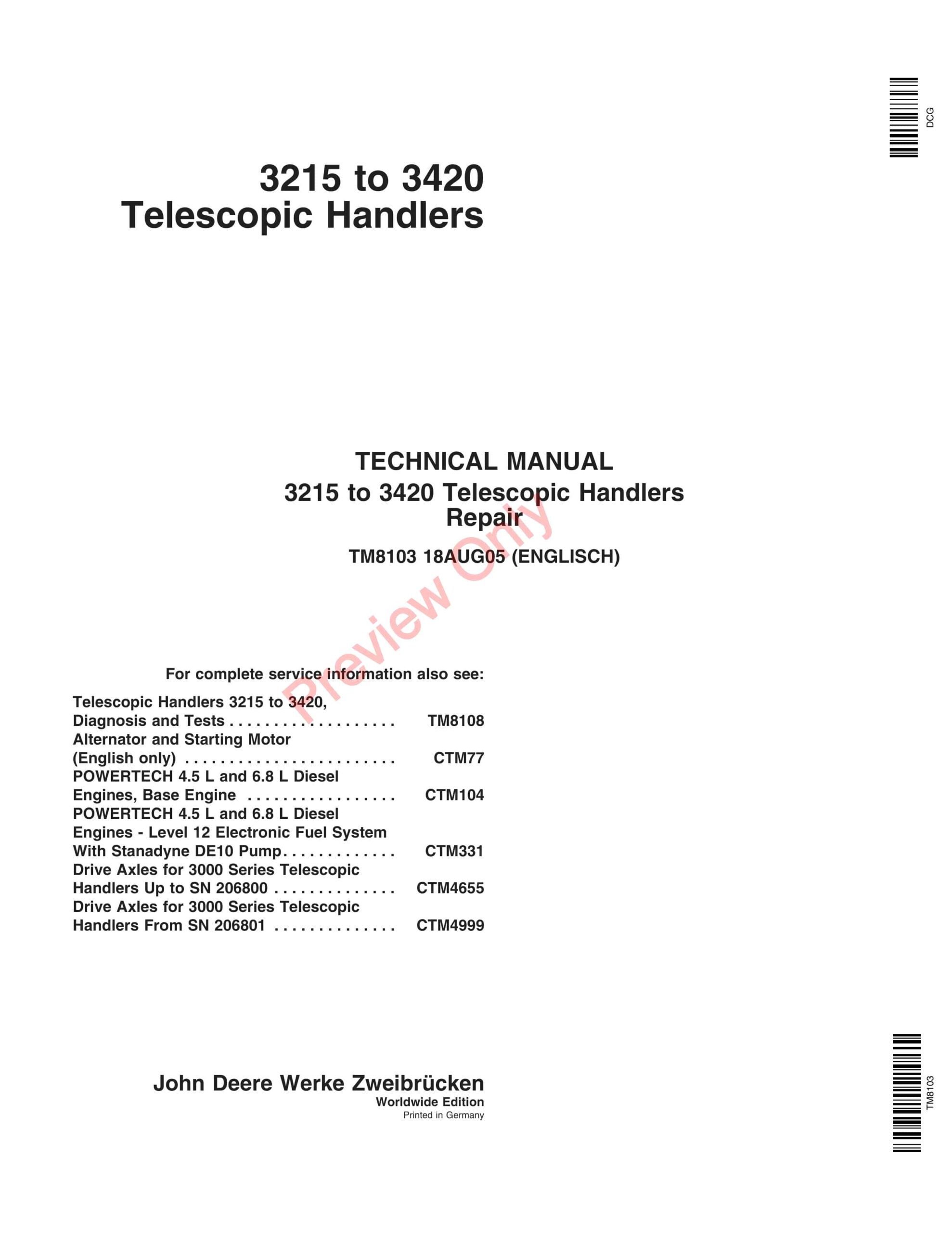 John Deere 3215, 3220, 3415 and 3420 Telescopic Handlers Technical Manual TM8103 18AUG05-1