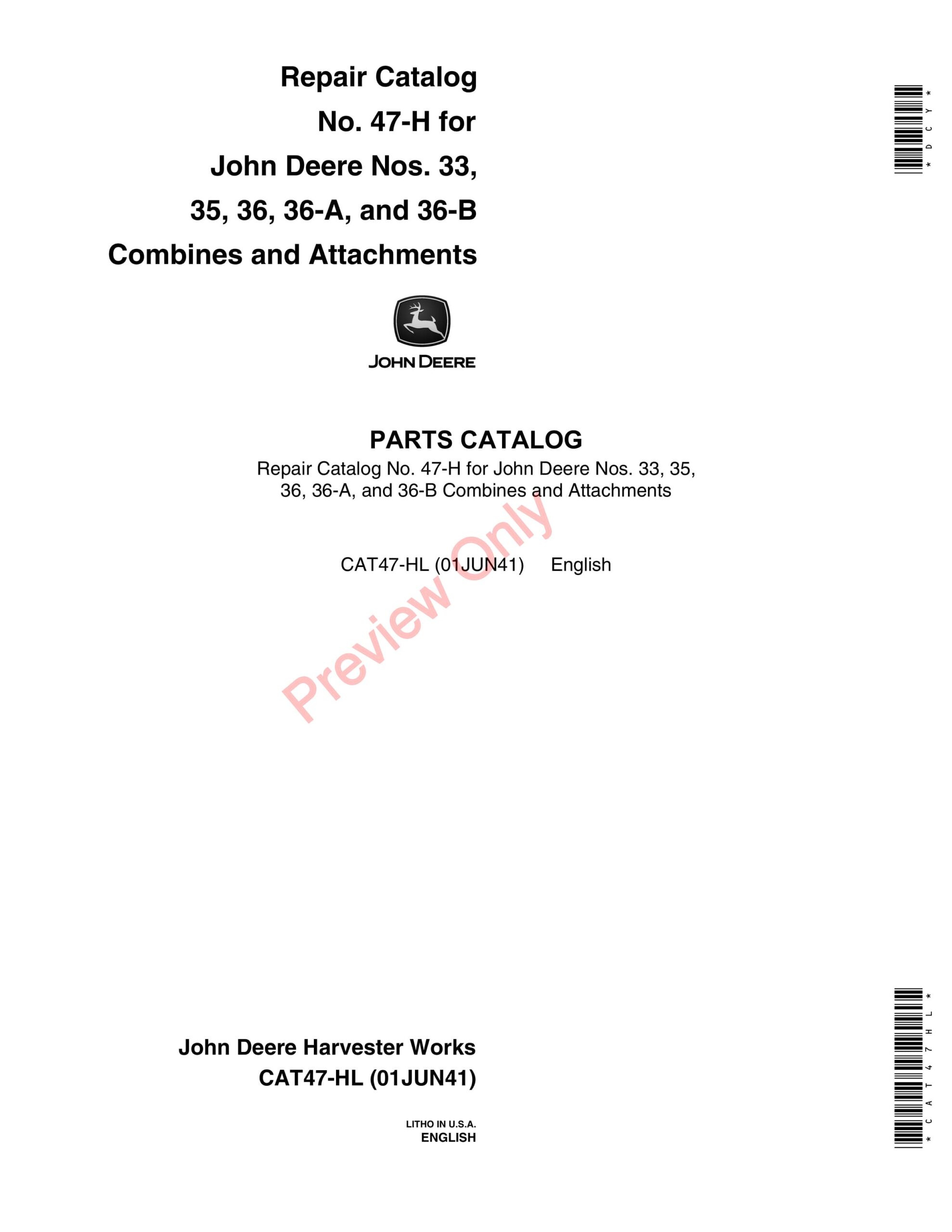 John Deere 33, 35, 36, 36-A, 36-B Combines, Attachments Parts Catalog CAT47HL 01JUN41-1