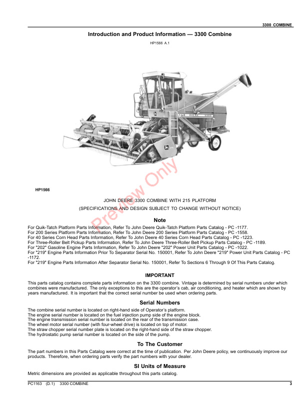 John Deere 3300 COMBINE Parts Catalog PC1163 26APR21 3