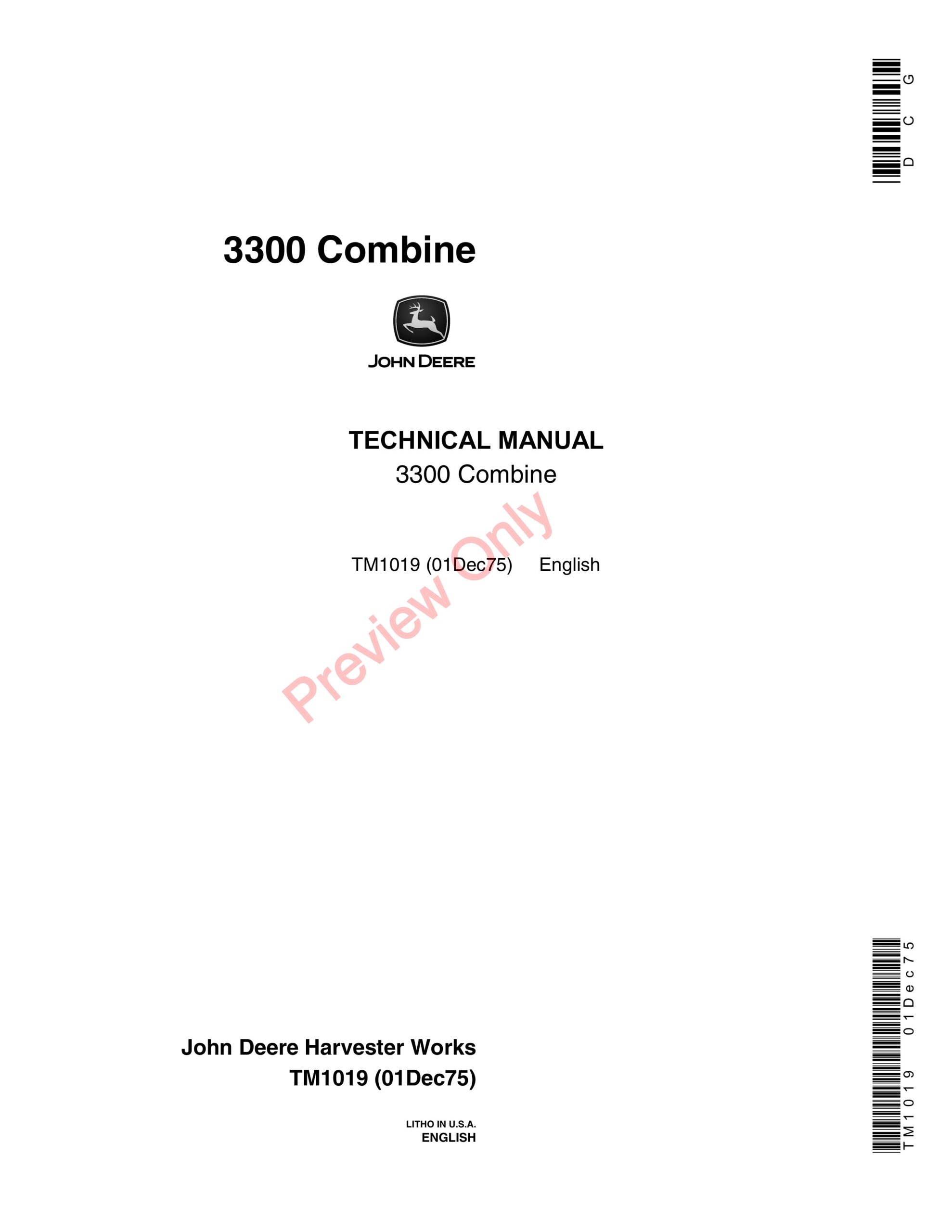John Deere 3300 Combine Technical Manual TM1019 01DEC75-1