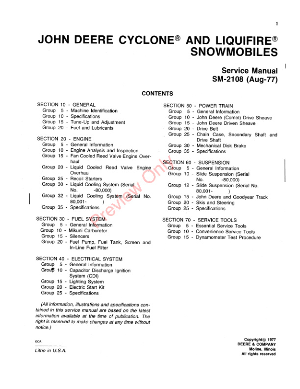 John Deere 340 And 440 Snowmobiles Cyclone And Liquifire Service Manual SM2108 01AUG77 3