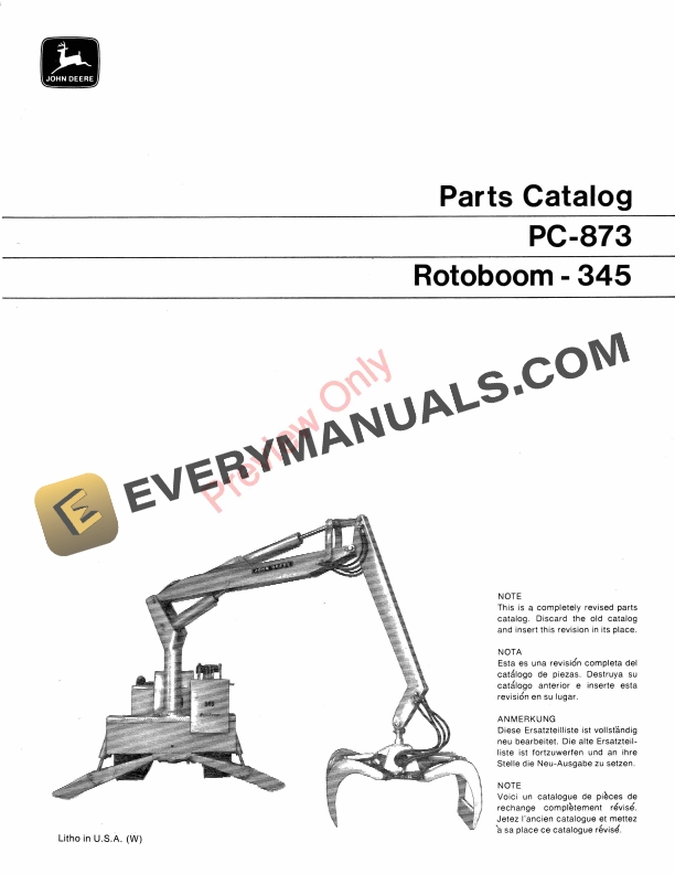 John Deere 345 Rotoboom Parts Catalog PC873 01MAR71