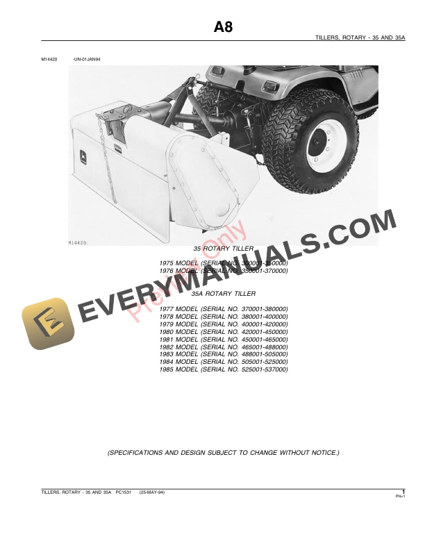John Deere 35, 35A Rotary Tillers Parts Catalog PC1531 25MAY94
