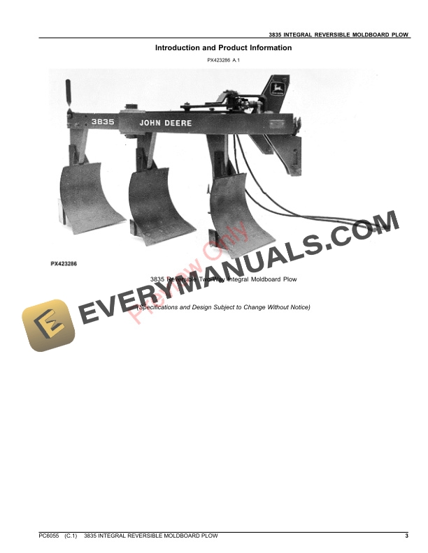 John Deere 3835 INTEGRAL REVERSIBLE MOLDBOARD PLOW Parts Catalog PC6055