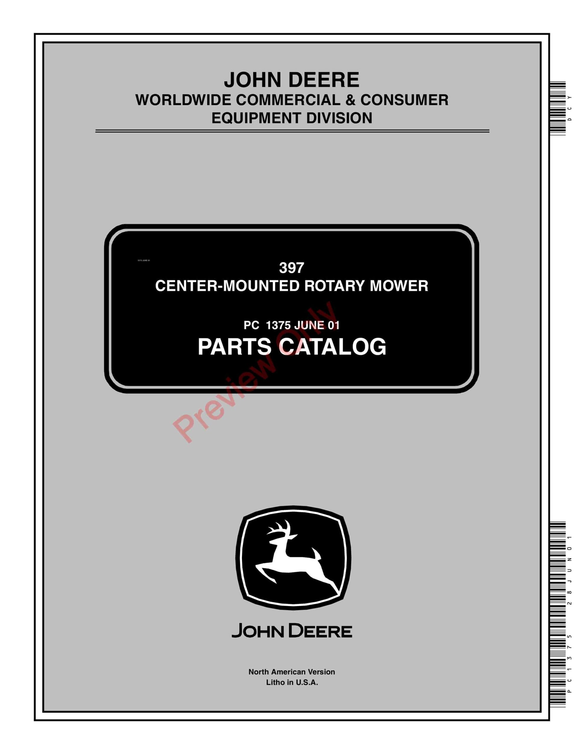 John Deere 397 Center-Mounted Rotary Mower Parts Catalog PC1375 28JUN01-1