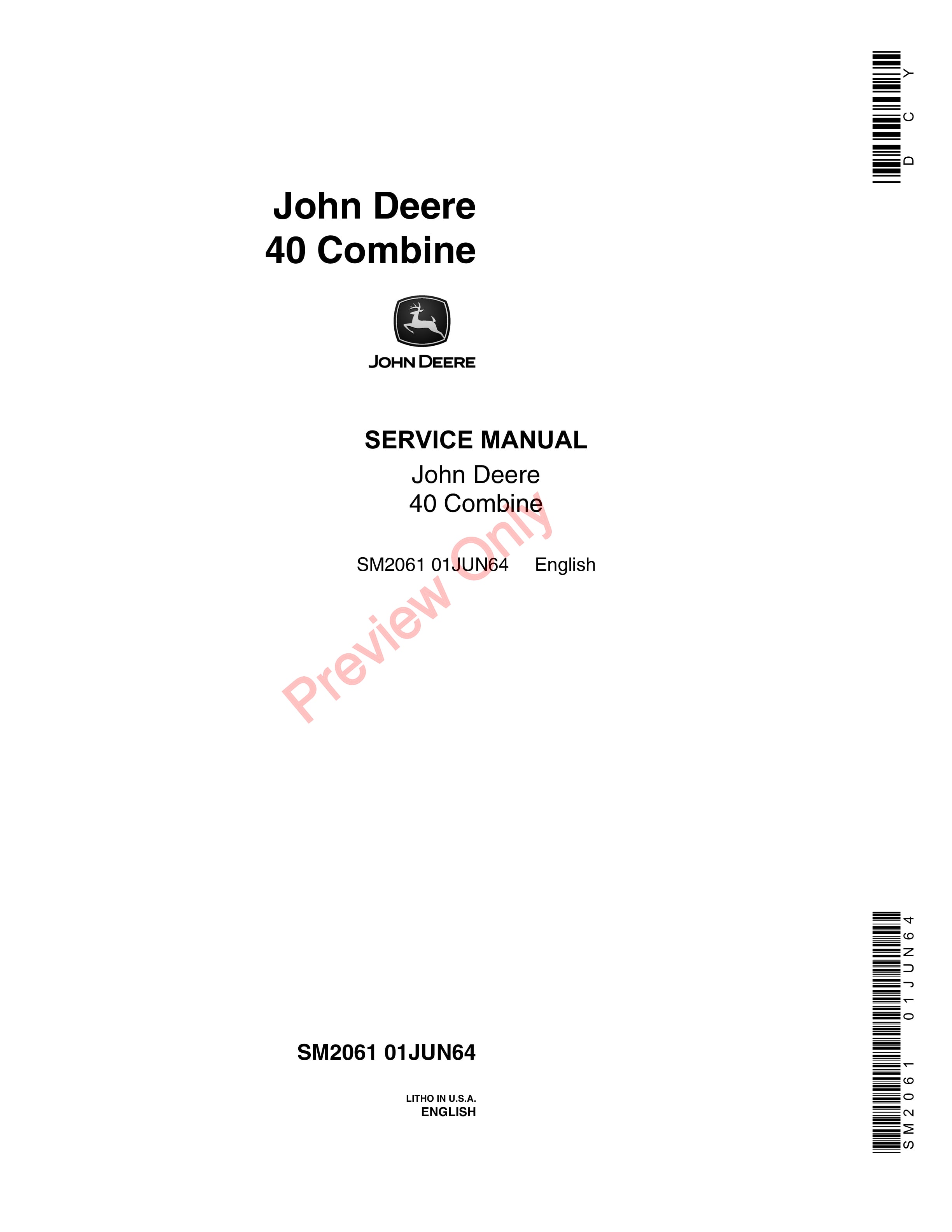 John Deere 40 Combine Service Manual SM2061 01JUN64-1