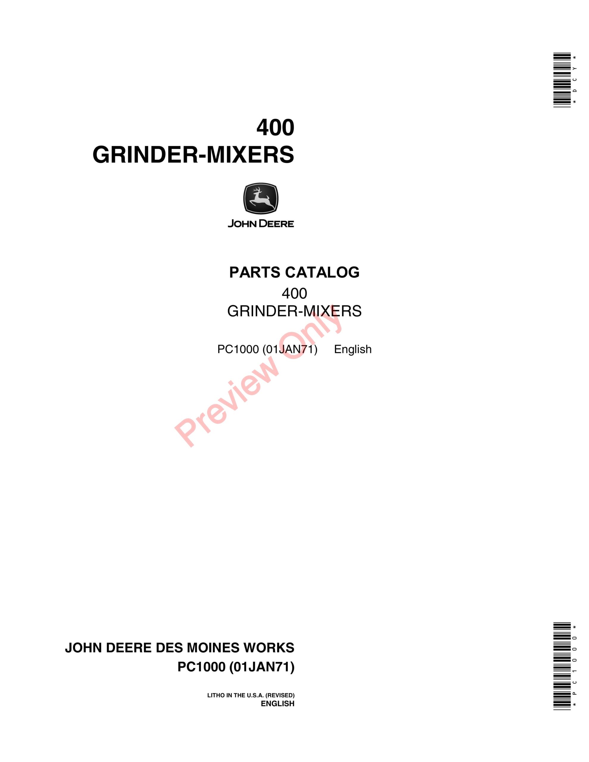 John Deere 400 Grinder-Mixers Parts Catalog PC1000 01JAN71-1