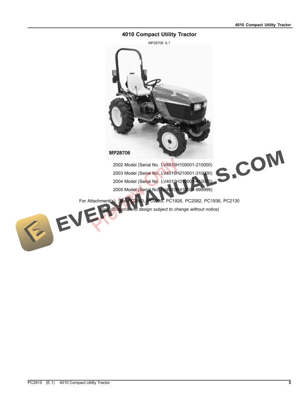 John Deere 4010 COMPACT UTILITY TRACTOR Parts Catalog PC2915 03APR23