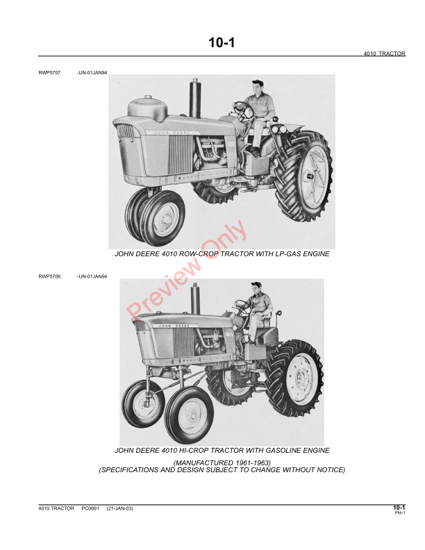 John Deere 4010 Tractor WRow Crop LP GasDiesel Hi Parts Catalog PC0691 11MAY11 3
