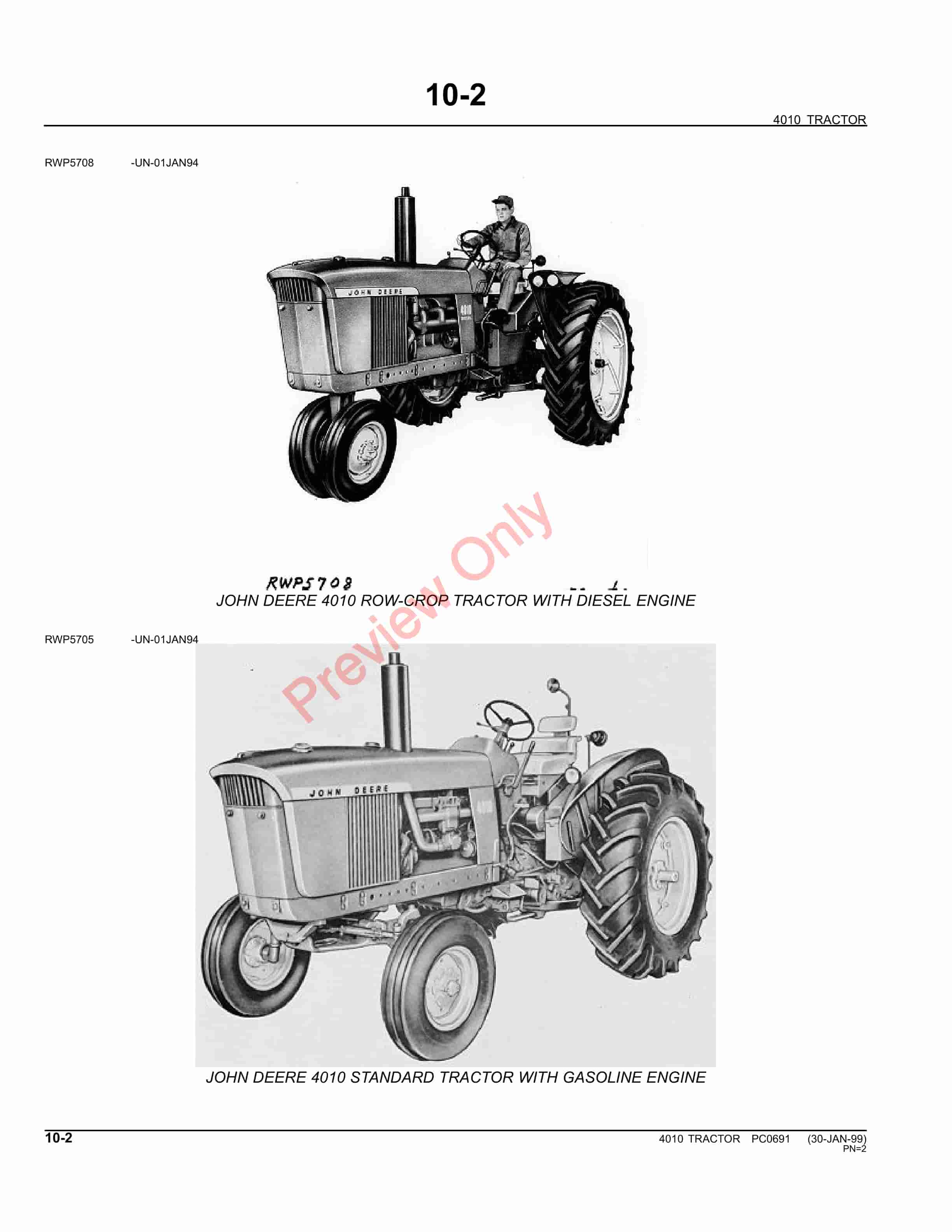 John Deere 4010 Tractor WRow Crop LP GasDiesel Hi Parts Catalog PC0691 11MAY11 4