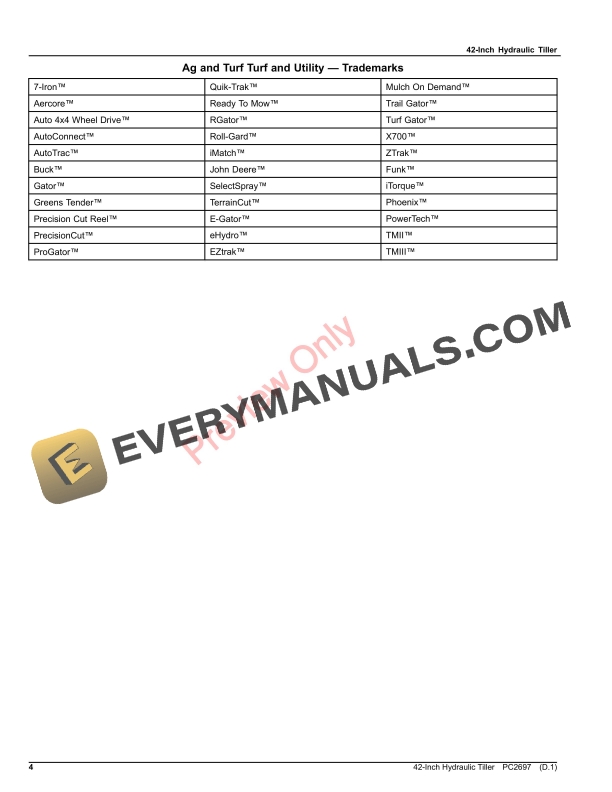 John Deere 42INCH HYDRAULIC TILLER Parts Catalog PC2697 11JAN23