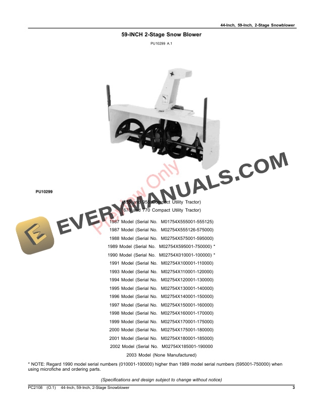 John Deere 44Inch, 59Inch, 2Stage Snowblower Parts Catalog PC2108