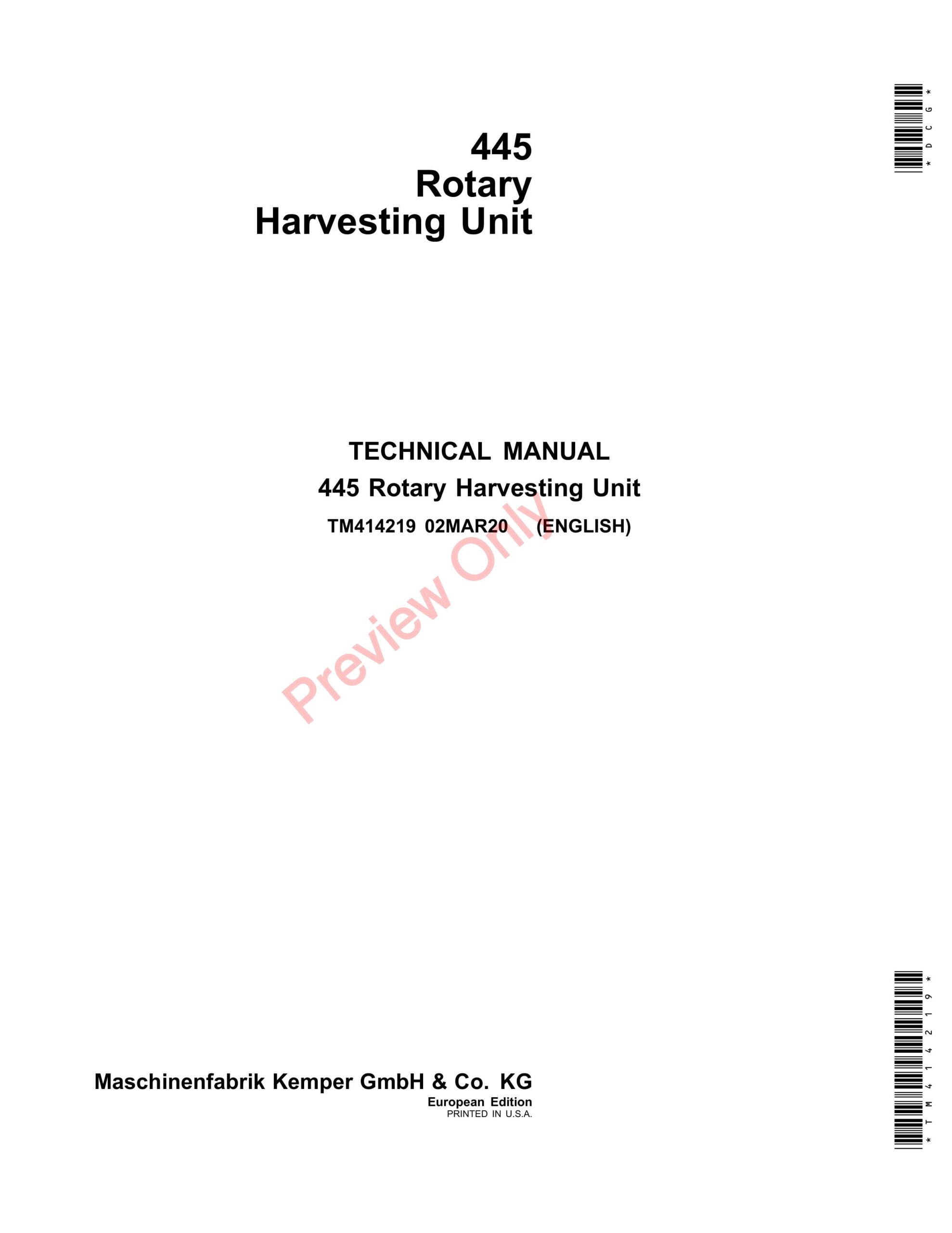 John Deere 445 Rotary Harvesting Unit Technical Manual TM414219 02MAR20-1