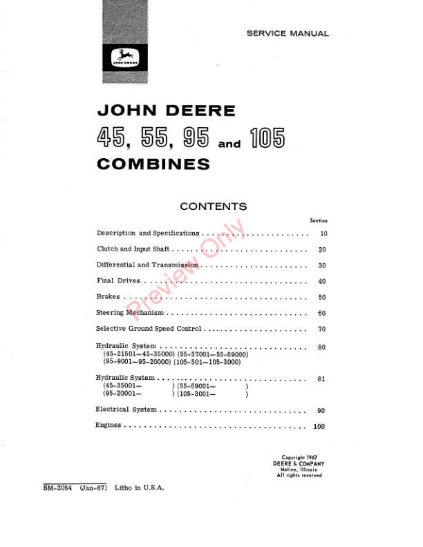 John Deere 45 55 95 And 105 Combines Service Manual SM2054 01JAN67 3