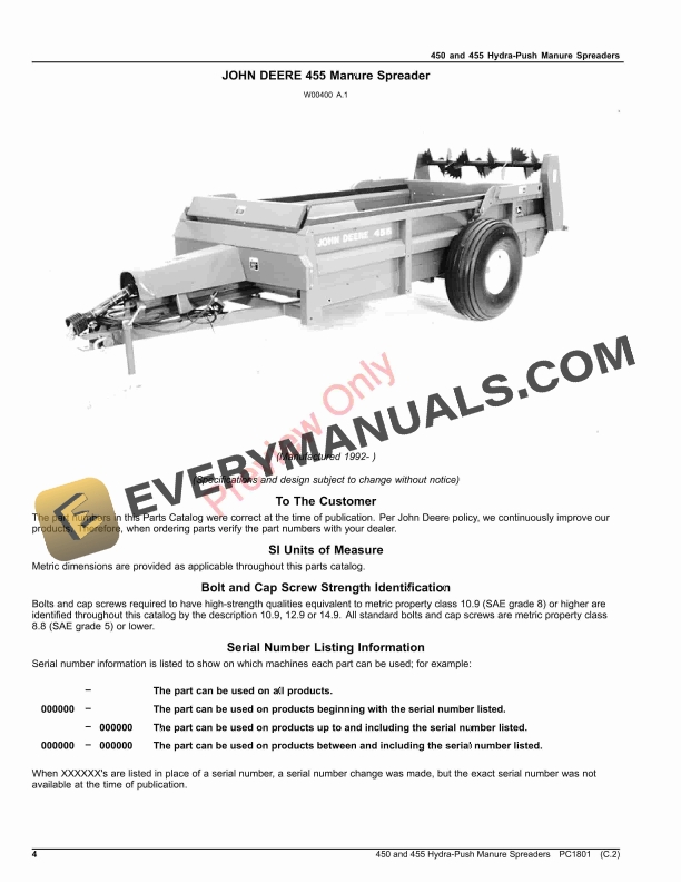 John Deere 450 and 455 HydraPush Manure Spreaders Parts Catalog PC1801