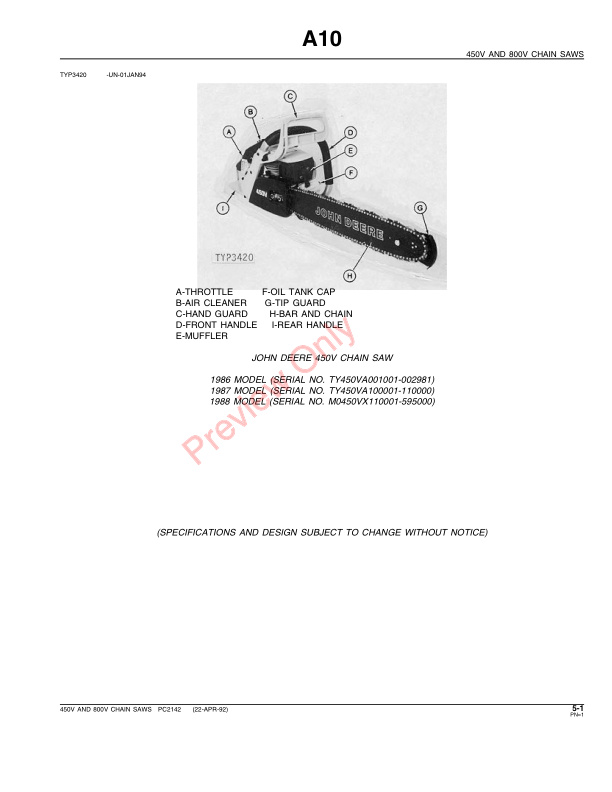John Deere 450V, 800V Chain Saws Parts Catalog PC2142 22APR92-3