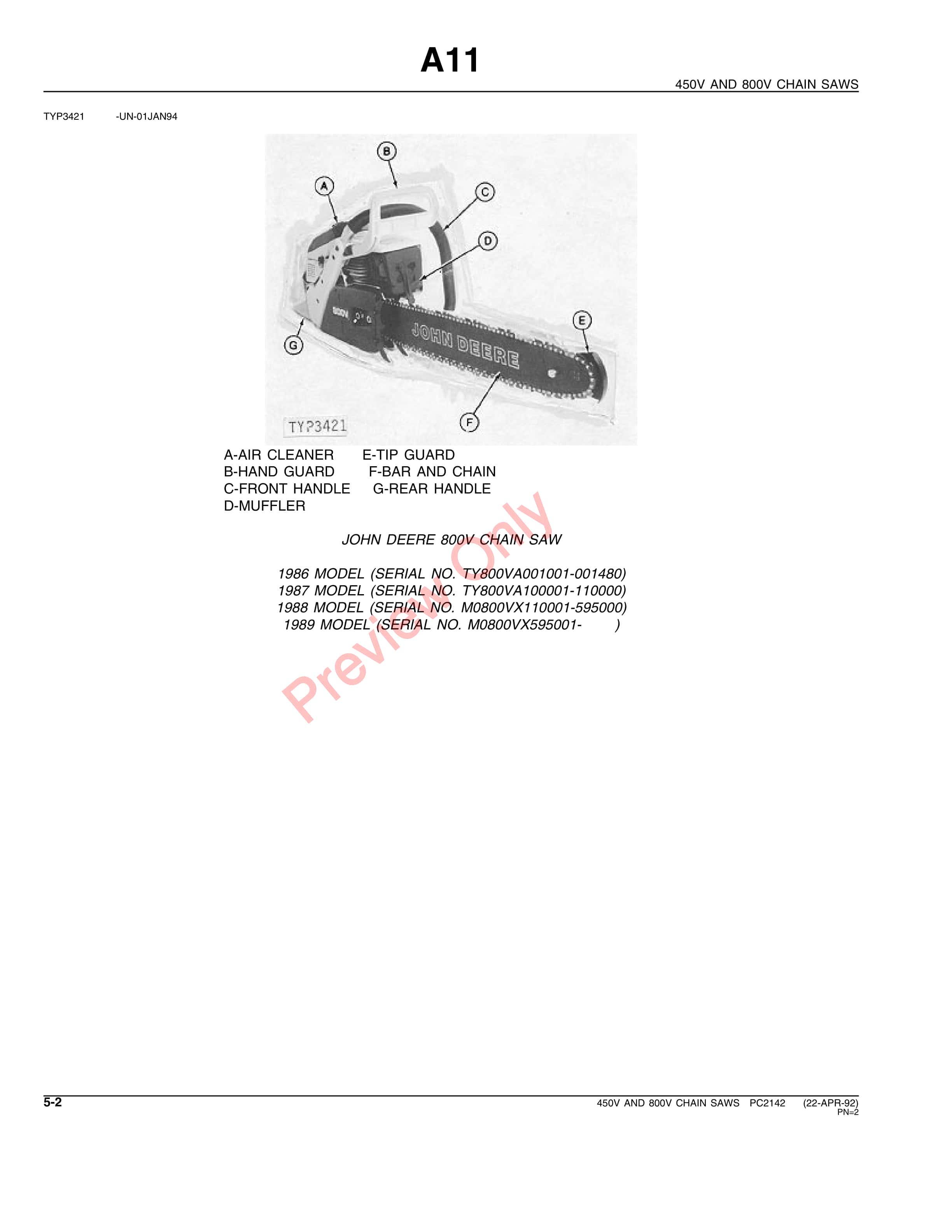 John Deere 450V, 800V Chain Saws Parts Catalog PC2142 22APR92-4
