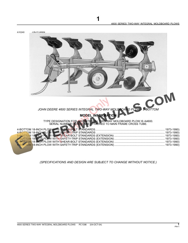 John Deere 4600 Series Integral TwoWay Moldboard Plows Parts Catalog