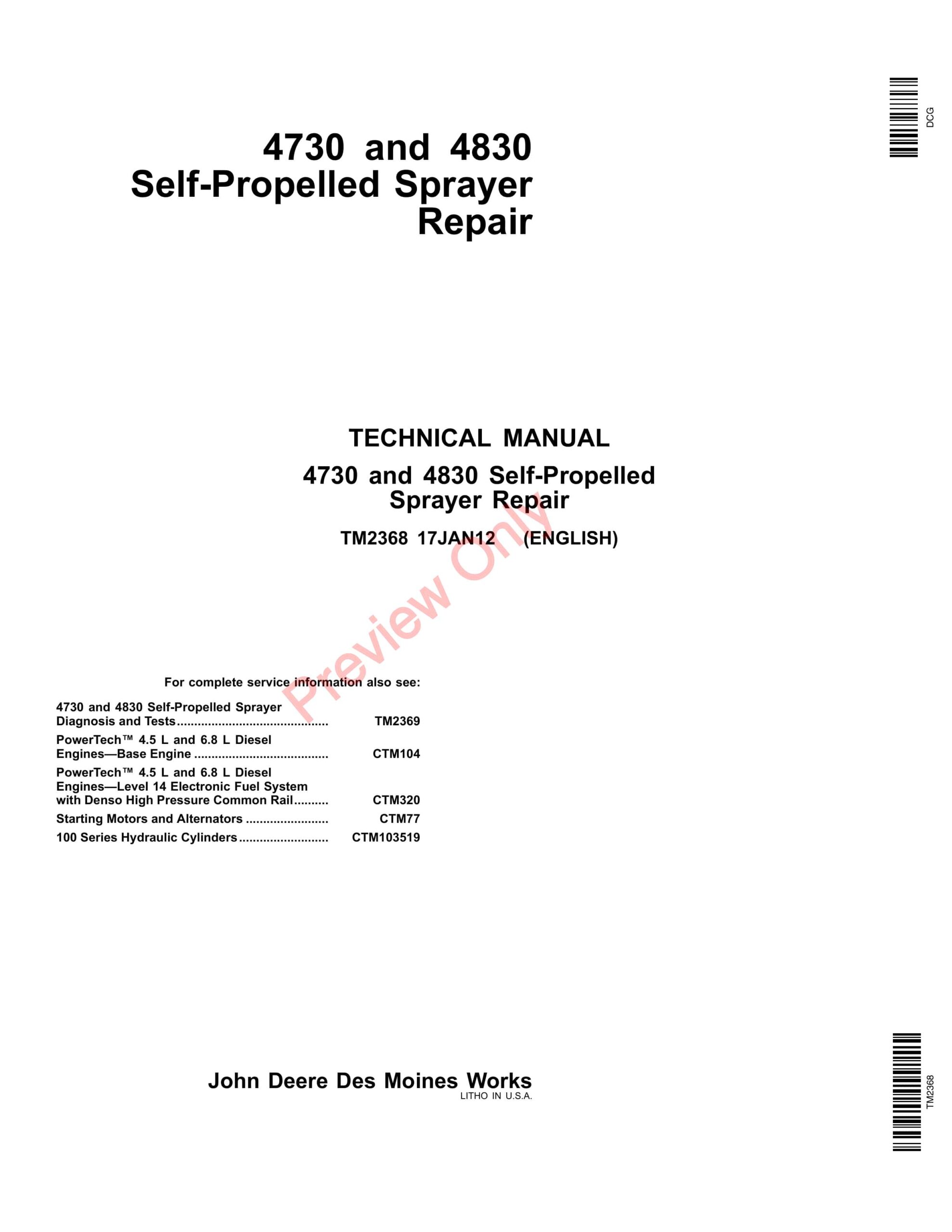 John Deere 4730 and 4830 Self-Propelled Sprayer Technical Manual TM2368 17JAN12-1