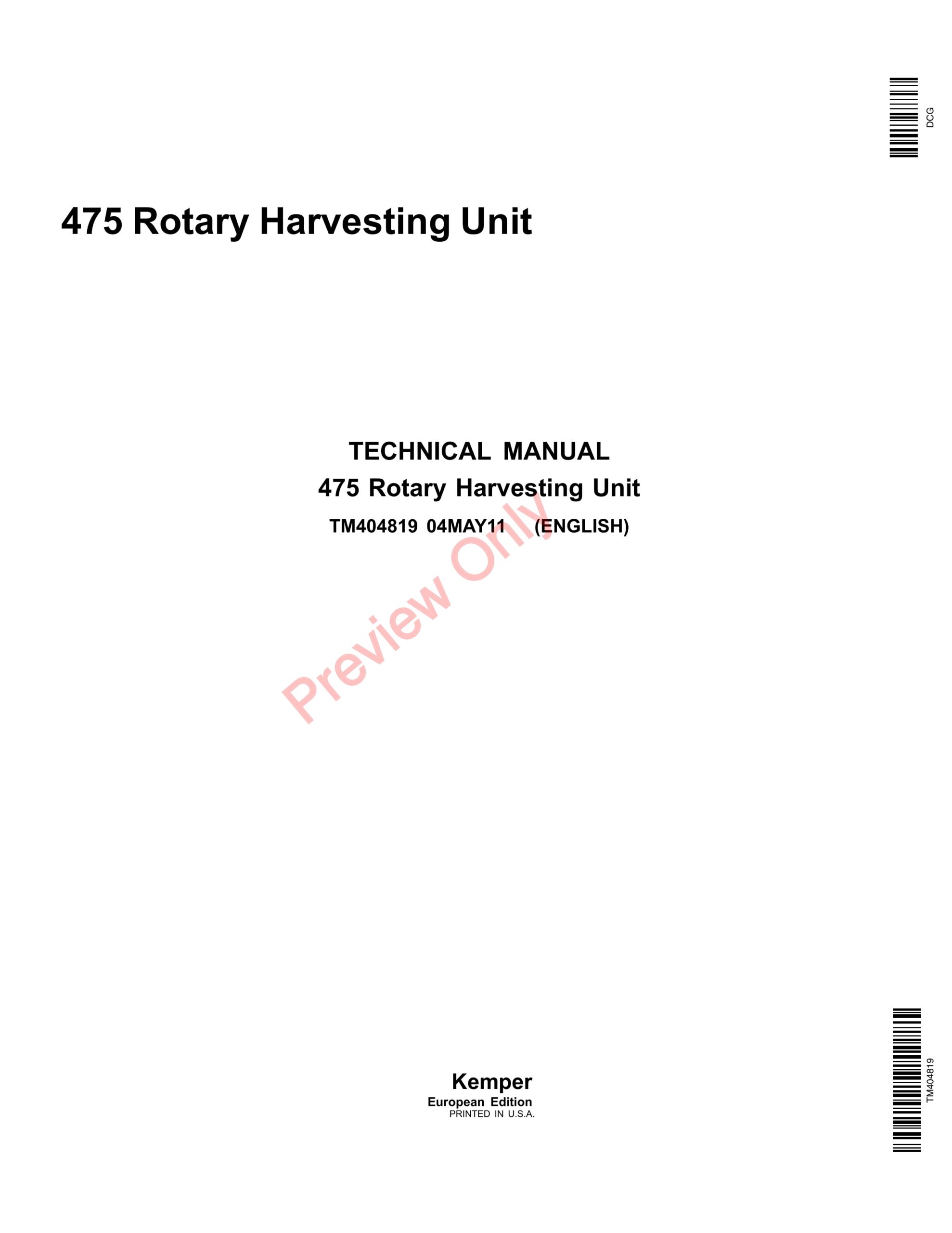 John Deere 475 Rotary Harvesting Units Technical Manual TM404819 04MAY11-1