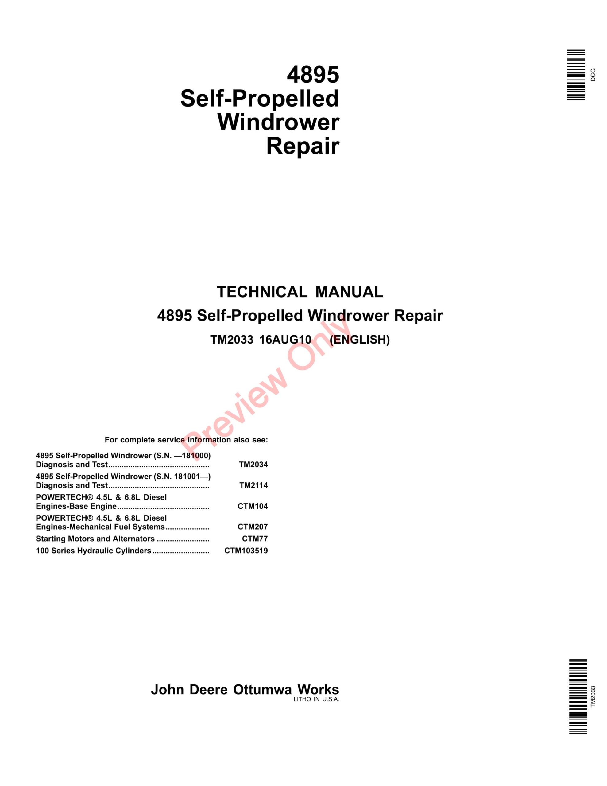 John Deere 4895 Self-Propelled Windrower Technical Manual TM2033 16AUG10-1