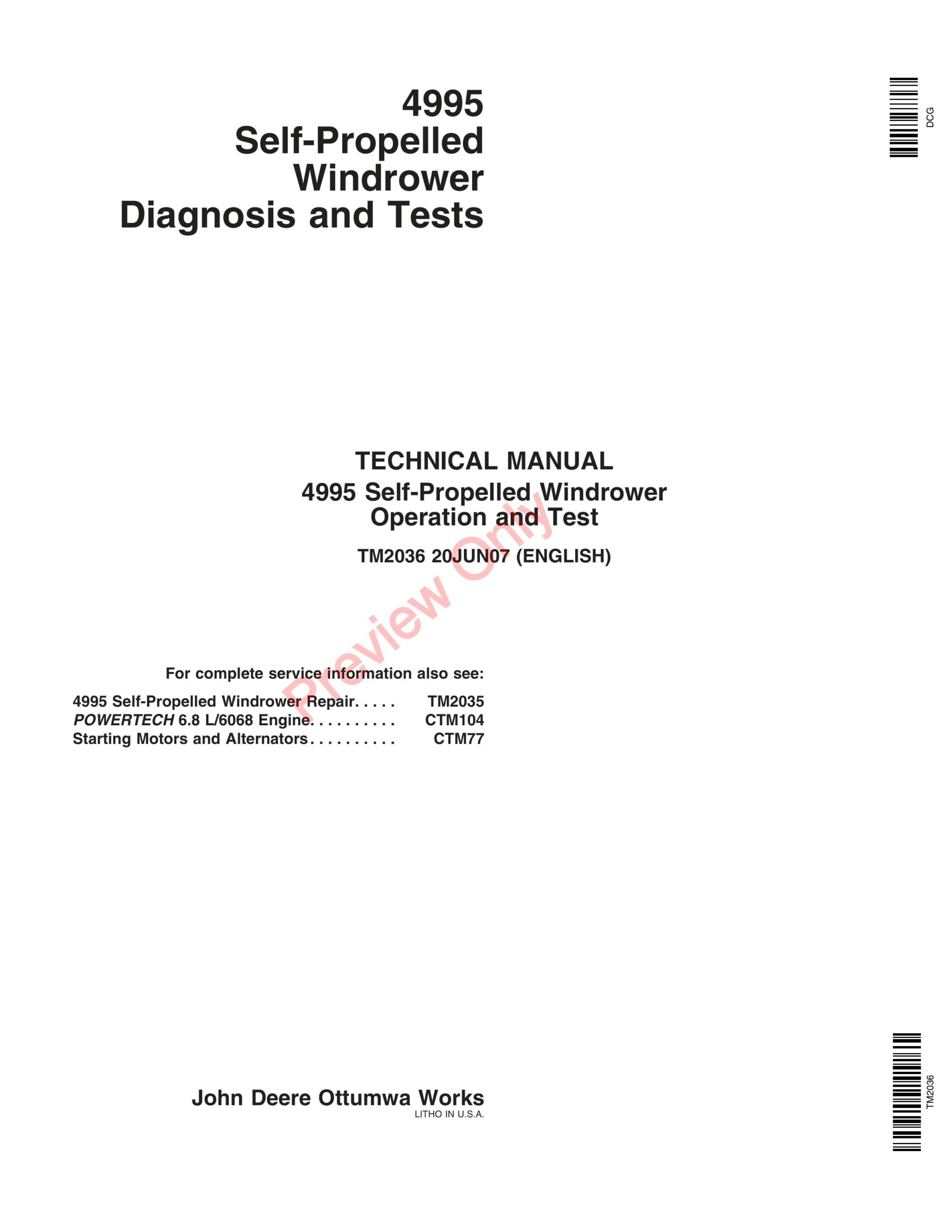 John Deere 4995 Self-Propelled Windrower Technical Manual TM2036 20JUN07-1