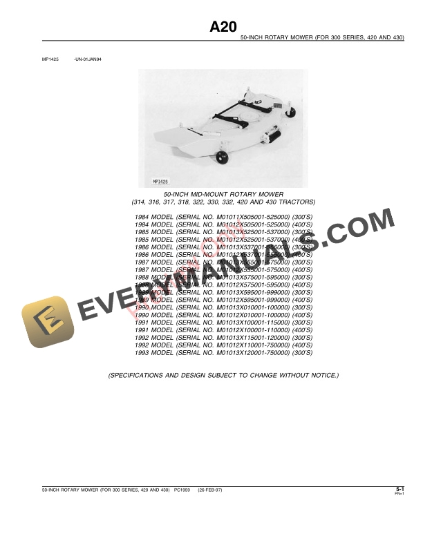 John Deere 50Inch Rotary Mower Parts Catalog PC1959 26FEB97